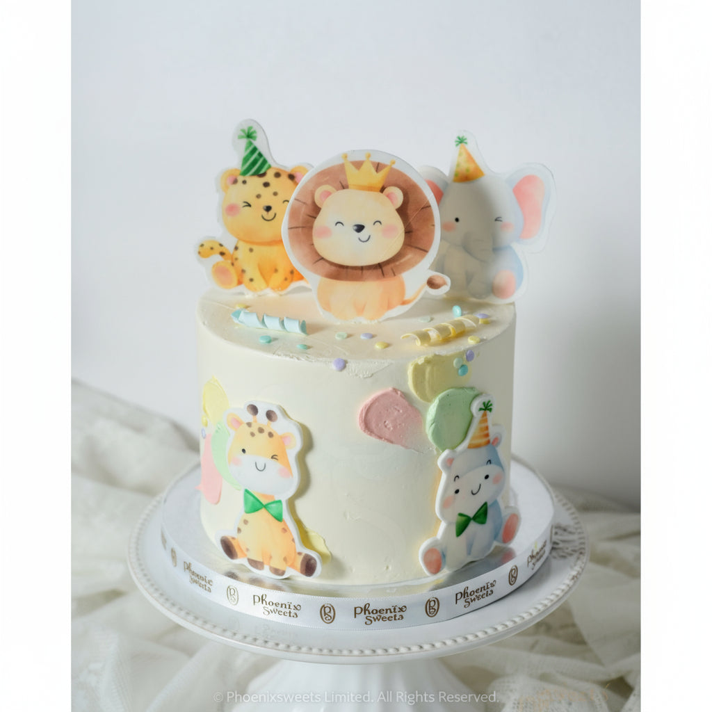A decorated butter cream cake with animal-themed toppers, presented on a white cake stand.