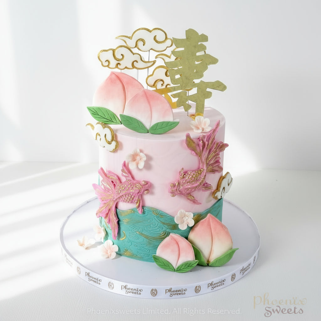 A multi-tiered fondant cake with peach, gold fish, green, and white colors, decorated with floral patterns and gold accents.