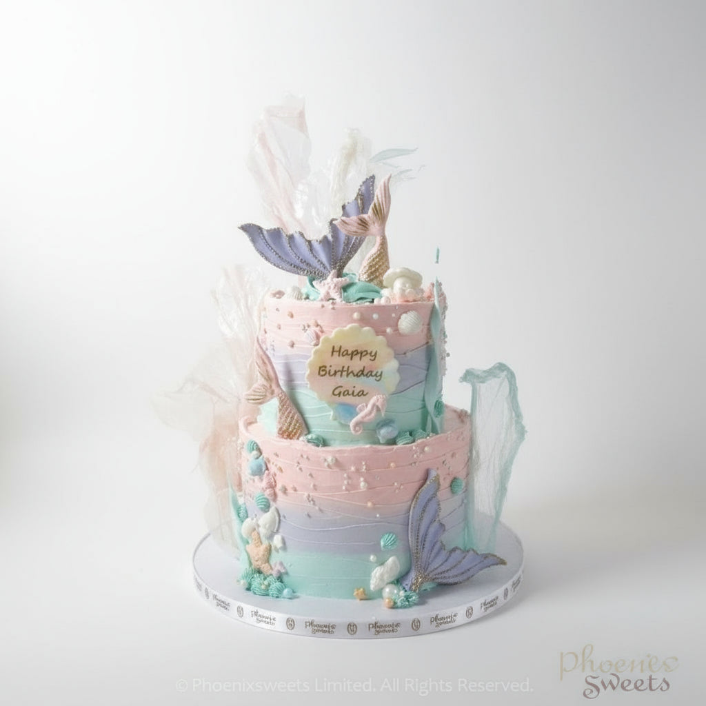A two-tiered butter cream cake designed to look like a mermaid tail, with blue and pink layers, decorative underwater themed elements, and the words 'Happy Birthday' on the top tier.