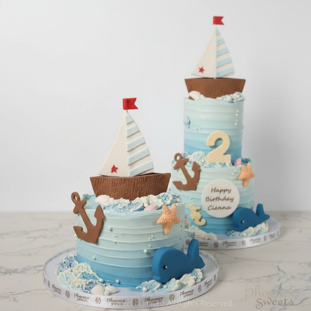A beautifully decorated butter cream cake with a nautical theme, featuring edible sailboats, anchors, and ocean waves on a blue background.