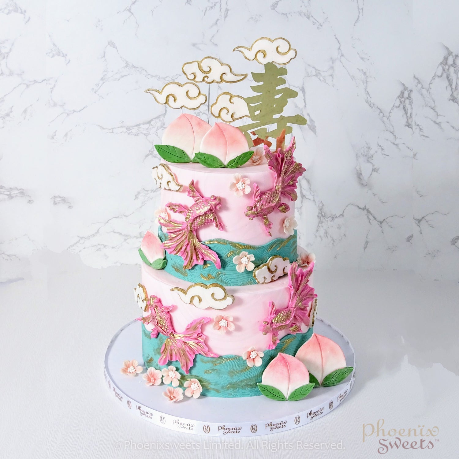 Fondant Cake - Live Long Cake With Gold Fish and Peach (Multi tiers)