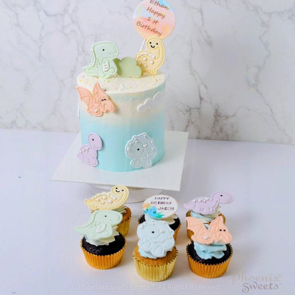 Themed Party Combo - Cute Dinosaur Cake and Cupcake Tower (18pc)
