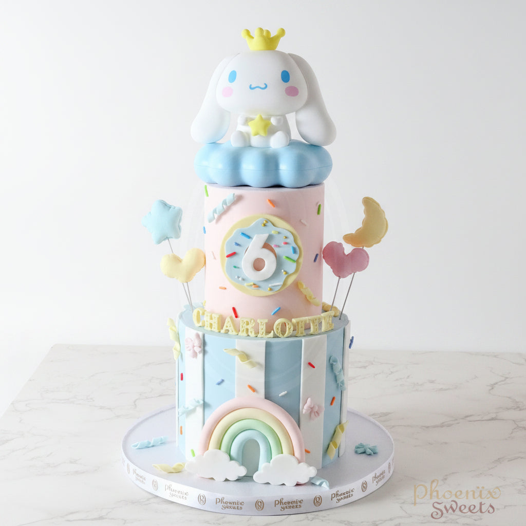 Colorful birthday cake with a Cinnamoroll character on top 